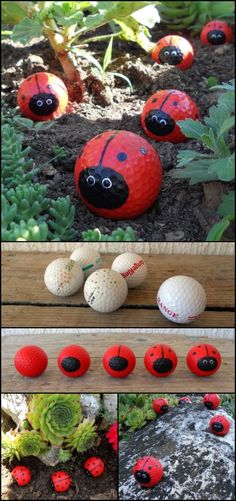 some red and black ladybug golf balls in the dirt