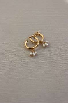 "Modern, minimal and fresh! These earrings feature a mini hoop that hugs the earlobe and a genuine tiny 2-3mm freshwater pearl cluster dangle. They are perfect for everyday wear! Lightweight and comfortable to wear. Wear them two ways - slide the dangle off to wear just the simple hoop earring. D E T A I L S Materials: 14K Gold Fill or Sterling Silver Closure: latch hook S I Z E S Measures appox. 1 1/4\" in length M A T E R I A L S With so many terms to describe gold jewelry, it can be confusing Everyday Pearl Charm Dangle Huggie Earrings, Everyday Pearl Charm Huggie Earrings, Everyday Pearl Drop Dangle Huggie Earrings, Everyday 14k Gold Filled Dangle Cartilage Earrings, Delicate Tiny Yellow Gold Hoop Earrings, Elegant Tiny 14k Gold-filled Huggie Earrings, Everyday 14k Gold Dangle Pearl Earrings, Teardrop Huggie Earrings With Pearl Charm, Delicate 14k Gold Filled Hypoallergenic Huggie Earrings