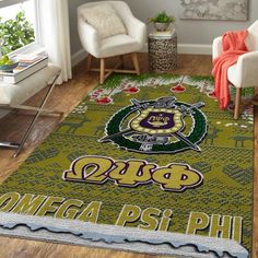 an area rug with the words omega phi on it