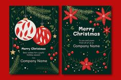 two christmas cards with red and green ornaments on them, one is for the company name