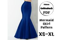 the mermaid skirt pattern is available in sizes xs - xxl and has an open back