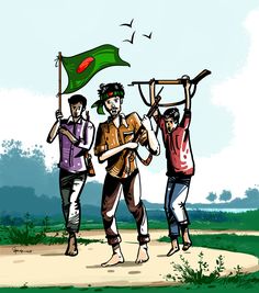 three people carrying a green flag on their shoulders