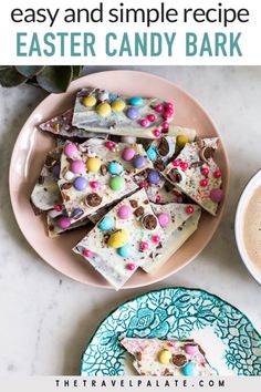 a plate with pieces of candy barkle next to a cup of coffee