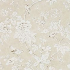 a wallpaper with white flowers and birds on the top, in front of a beige background