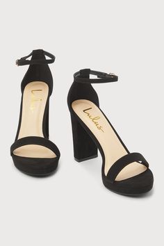 There's nothing you'll love more than how you look in the Lulus Kinsella Black Suede Platform Ankle Strap High Heels! These essential heels have a soft faux suede composition that shapes an almond-shaped toe bed (atop a 0.50"" toe platform) and a slender toe strap. A sturdy heel cup supports a matching adjustable ankle strap that secures with a shiny gold buckle, all atop an eye-catching block heel. 3. 75" wrapped block heel. Cushioned insole. Upper Material: Fabric. Sole Material: TPR. Rubber s Strap High Heels, Ankle Strap High Heels, Lulu Fashion, Almond Shaped, Love More, Platform High Heels, Black Suede, Faux Suede, Ankle Strap