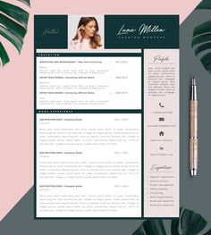 a green and white resume template on a pink background with monster leaves next to it