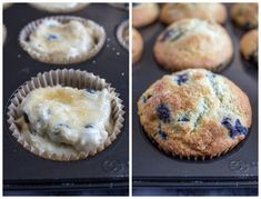 blueberry muffins are being baked in the oven and then topped with icing