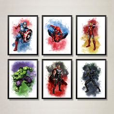 the avengers movie posters are displayed in different colors and sizes, including watercolors