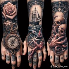 two hands with different tattoos on them and an octopus holding a clock in the middle