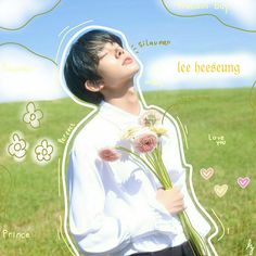 a young man holding flowers in front of his face with the words lee bessening above him