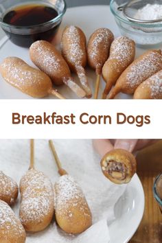 the breakfast corn dogs are being served on skewers with powdered sugar and walnuts