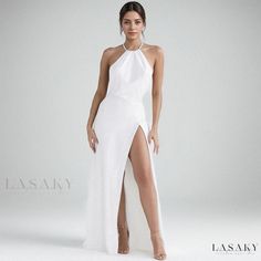 Lasaky - White Lustrous Satin Halter Neck Maxi Dress with High Slit, Self Tie Backless Design Bandage Dress Black, Stylish Outfits For Women Over 50, Halter Neck Maxi Dress, Long Sleeve Evening Dresses, Bodycon Maxi Dresses, Backless Design, Satin Maxi, Satin Maxi Dress, Long Sleeve Maxi