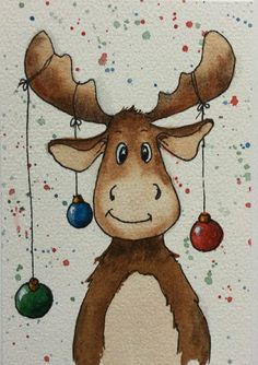 a painting of a moose with ornaments hanging from it's antlers and nose