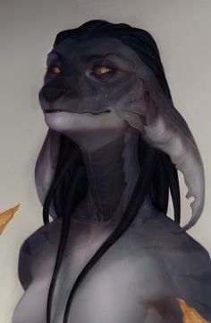 a creature with long black hair and yellow eyes is depicted in this digital painting style