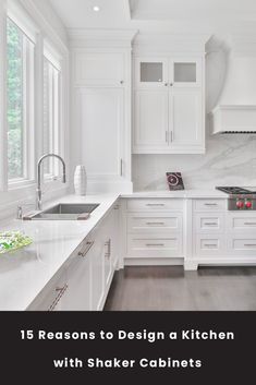 White Shaker Kitchen Cabinets Silver Hardware, Shaker Study Cabinets, White Shaker Kitchen Island, Kitchen Cabinet Shaker Style, Modern Kitchen With Shaker Cabinets, Shrock Cabinets Kitchen, Shaker White Kitchen Cabinets, White Shaker Kitchen Cabinets Modern, Shaker Cabinets Kitchen Hardware