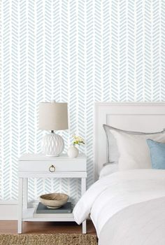 Mod Chevron Peel-and-Stick Wallpaper in Sky Blue by NextWall Chevron Wallpaper, Wallpaper Walls Decor, Temporary Wallpaper, Wallpaper Rolls, White Brick, Bedroom Refresh, Burke Decor, Half Bath, House Goals