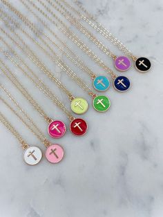 "Perfect gift for child or adult! We can customize any length. Gorgeous cross necklace on a 14k gold filled chain, 14k gold jumprings and 14k gold filled clasp. Pendant is approximately 10mm. Choose color and length at checkout.  Giftbox included! Great Easter basket gift, first communion gift, confirmation gift, baptism gift, Christmas gift!  *For Child Length - we usually do 14.5\" with a 1.25\" extender. Any length can be made upon request." Necklace Colorful, First Communion Gifts, Basket Gift, Easter Gift Baskets, Communion Gifts, Gold Cross Necklace, Confirmation Gifts, Kids Necklace, Christmas Gifts For Girls