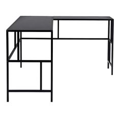 a black desk with two shelves on each side and one shelf below the table top