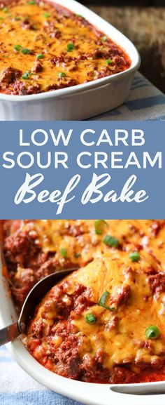 low carb sour cream beef bake in a casserole dish with a serving spoon