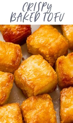 crispy baked tofu on a white plate with text overlay that reads, crispy baked tofu