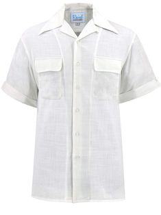 "Based on original photographs and patterns from the 1940s and 1950s, we offer this pure cotton leisure shirt for warmer weather and more casual occasions. This white leisure shirt is an authentic relaxed, open-neck day shirt for those who wish to emulate the fashion of the forties and fifties. Loop and button decor. The fabric is 100% quality cotton. Two patch chest pockets with flaps that have rounded edges. There is a yoke stitched across the back shoulders. The short sleeves have a stitched cuff with central notch detail.  Approx 10\" long. Small slits at the side seams. Care: Machine wash 30 degrees - warm iron. Measurements - Available in 5 sizes.  Small  Chest Best Fit 38-40\" (97-102cm)   Shoulder Width 18\"  Length 29\" ------------------------------------------------  Medium Ches Vintage Style Shoes, Button Decor, Vintage Knitwear, Vintage Laundry, Vintage Gloves, Vintage Trousers, Open Neck, Vintage Suits, Retro Men