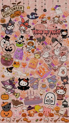 a pink background with lots of stickers on it's side and the words happy halloween written in different languages