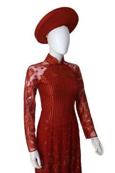 Ao Dai Ren Đỏ | Red Lace Ao Dai Wedding Mặc Đám Cưới, Đám Hỏi, và Dạ Hội May 2 lớp Lace Ao Dai, Red Lace, Neck Dress, High Neck Dress, Size 4, Mac, Silk, Lace, Red