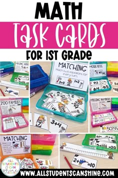 the back to school math task cards for 1st grade students with text overlaying them