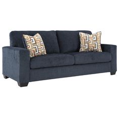 a blue couch with two pillows on the arm and one pillow in front of it