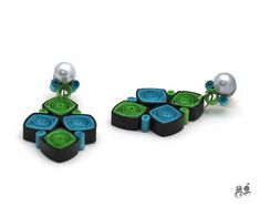 two pairs of earrings with green and blue designs