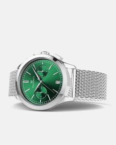 Case diameter: 39 mmCase thickness: 11.15 MMMaterial: Rhodium-plated 316L stainless steelDial: Green dial in brassIndex & hands: Polished stainless steelGlass: Sapphire CrystalMovement: Seiko VK64 HybridWater Resistance: 10 ATM (snorkeling)Strap: Mesh strap in Rhodium-plated 316L stainless steelSize: All our straps are adjustable and fit wrists of all sizesLug width: 20 mmPackaging: Luxurious leather box with green outer boxUnisex: Yes watches, mens,Warranty: 2-year International WarrantyReturn Silver Stainless Steel Watch Accessories With Subdials, Classic Chronograph Watch With Metal Dial, Luxury Stainless Steel Watch Accessories With Polished Finish, Luxury Stainless Steel Watch Accessories With Clasp, Timeless Metal Watch Accessories With Metal Dial, Business Chronograph Watch With Metal Dial, Modern White Gold Watch Accessories With Stainless Steel Clasp, Silver Classic Chronograph Watch With Polished Finish, Classic Silver Chronograph Watch With Polished Finish