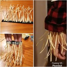 two pictures show the process of making fake hair with yarn and rubber bands on it