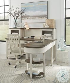 a white desk with two chairs and a book shelf in front of the desk is an art piece