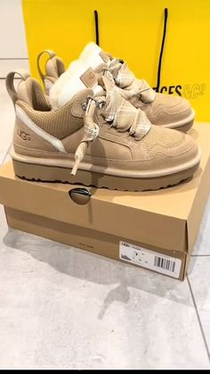 Brown Sneakers Aesthetic, Luxury Beige Sneakers With Laces, Beige Designer Sneakers With Laces, Trendy Beige Lace-up Platform Sneakers, Lanvin Beige Sneakers, Cute Uggs, Fluffy Shoes, Shoes For School, Pretty Sneakers