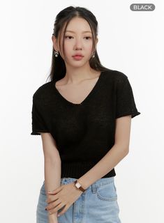 v-neck-short-sleeve-knit-crop-top-oy413 / Black Trendy V-neck Cropped T-shirt For Summer, Spring Trendy V-neck Cropped T-shirt, Casual V-neck Cropped T-shirt For Summer, Black Cropped Short Sleeve Top For Summer, Trendy V-neck Short Sleeve Top For Everyday, Black Short Sleeve Casual Crop Top, Black Casual Short Sleeve Crop Top, Casual Black Cropped Short Sleeve Top, Summer V-neck Cropped T-shirt