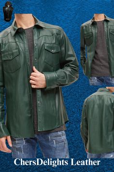 Indulge in sophistication with our Mens Green Leather Shirt. Impeccable design, top-grade leather, and unrivaled comfort. Now at ChersDelights Leather. Leather Long Sleeve Shirt For Fall, Fall Long Sleeve Leather Shirt, Classic Collared Leather Shirt, Casual Leather Shirt For Fall, Mens Leather Shirt, Fall Leather, Leather Outfits, Winter Wardrobe Essentials, Big Men Fashion