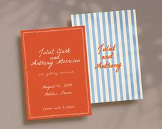 an orange and blue wedding card with the words just married and marriage written on it