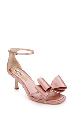 A voluminous vamp bow amplifies the elegant appeal of a luxe satin sandal set on a cushioned footbed and tapered heel. 2 1/2" heel Adjustable ankle strap with buckle closure Memory foam cushioning Textile upper/leather lining and sole Imported Pink Heels With Satin Bow For Formal Occasions, Pink Satin Bow Heels For Formal Occasions, Pink Wedding Sandals With Bow, Elegant Pink Satin Heels, Pink Heels With Satin Bow For Wedding, Elegant Blush Heels For Evening, Pink Wedding Heels With Satin Bow, Elegant Blush Evening Heels, Open Toe Kitten Heels