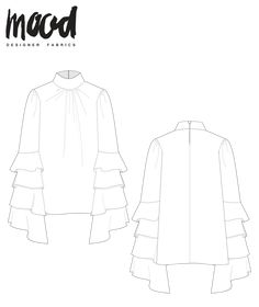 the front and back view of a blouse with ruffles on it, designed by macd