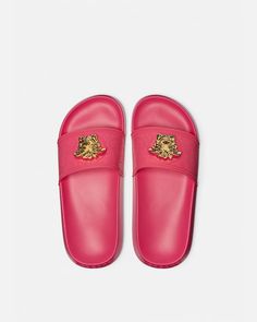 Versace Palazzo Slides for Women | US Online Store Versace Bathrobe, Pink Versace, Slides For Women, Versace Logo, Versace Shoes, Logo Items, Matches Fashion, Iconic Women, Gianni Versace