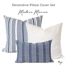 decorative pillow cover set made in marine blue and white striped linens with text overlay