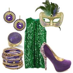 a green dress and purple shoes with accessories