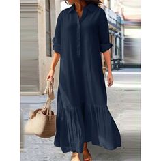 Season:Fall,Spring,Autumn,Winter; Fabric:Linen; Sleeve Length:Long Sleeve; Look After Me:Machine wash; Gender:Women's; Style:Classic,Basic,Casual,Street Style; Elasticity:Micro-elastic; Occasion:Vacation,Daily,Outdoor,Weekend; Fit Type:Loose Fit; Dresses Type:Casual Dress,Cotton Summer Dress,Cotton Dress; Pattern:Plain; Design:Ruched,Buttons; Neckline:Shirt Collar; Front page:FF; Listing Date:09/21/2023; Production mode:External procurement; 2024 Trends:2023; Bust:; Length:; Shoulder Width:; Sle Button Maxi Dress, Collar Shirt Dress, Collared Shirt Dress, Cotton Linen Dresses, Dress Sleeve Styles, Cotton Dress Summer, Long Dress Casual, Loose Outfit, Long Summer Dresses