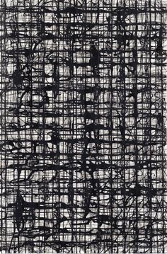 an abstract black and white painting on paper