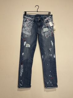 NWT Fade To Blue Jeans Womens Splatter Blue Jeans Size 28 Painted Themed Jeans These are distressed jeans with paint marks on them from Neiman Marcus.In NEW condition with no stains, rips, or additional holessee images for details Trendy Denim Bottoms With Paint Splatter, Trendy Paint Splatter Denim Bottoms, Paint Splatter Straight Leg Denim Jeans, Washed Blue Ripped Grunge Jeans, Fitted Paint Splatter Jeans, Jeans With Paint, Trendy Paint Splatter Denim Jeans, Grunge Ripped Washed Blue Jeans, Washed Blue Distressed Grunge Jeans