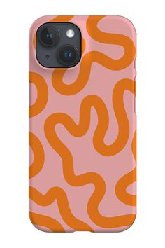 an orange and pink phone case with wavy lines on the back, in front of a white background