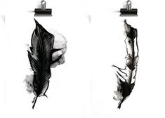 two black and white drawings of feathers hanging on hooks