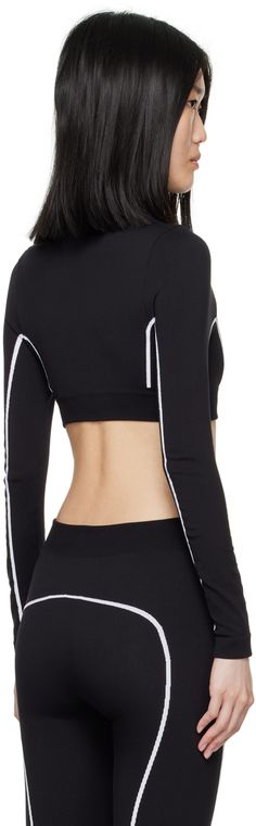 Paneled knit stretch nylon top. Intarsia stripes throughout. · Rib knit mock neck, cropped hem, and cuffs · Intarsia logo at chest Supplier color: Black/White Seamless Crop Top, Black Crop Tops, Mock Neck, Rib Knit, White Black, White And Black, Crop Top, Stripes, Off White