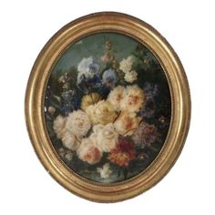 an oil painting of flowers in a gold frame