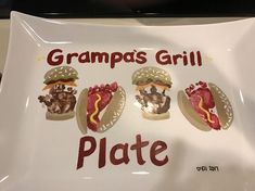 a white plate topped with three different types of food and writing on it that says grampa's grill place